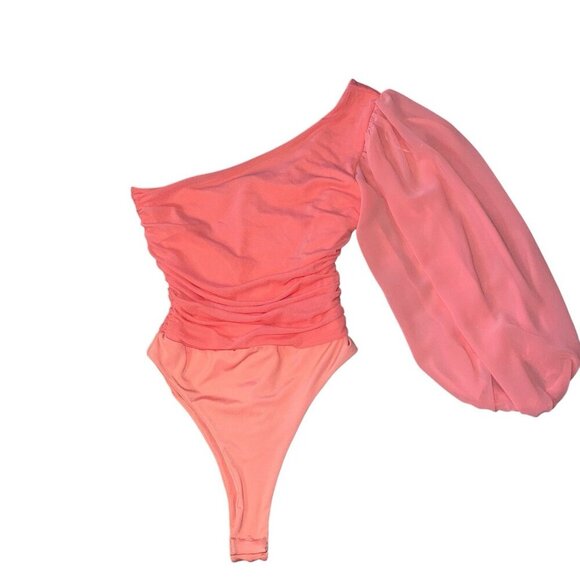 Hello Molly Party It Up Bodysuit Coral One Shoulder Ruching Detail Women’s XS - Picture 3 of 6